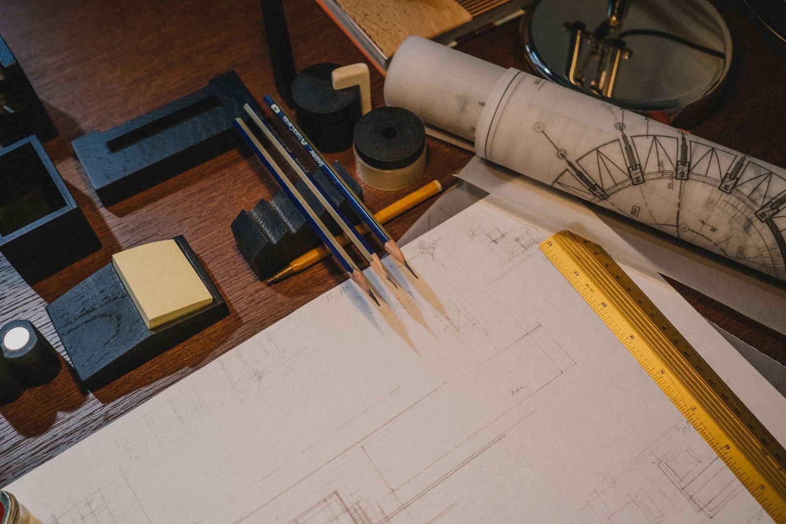 Drafting instruments and drawings on an engineer's desk