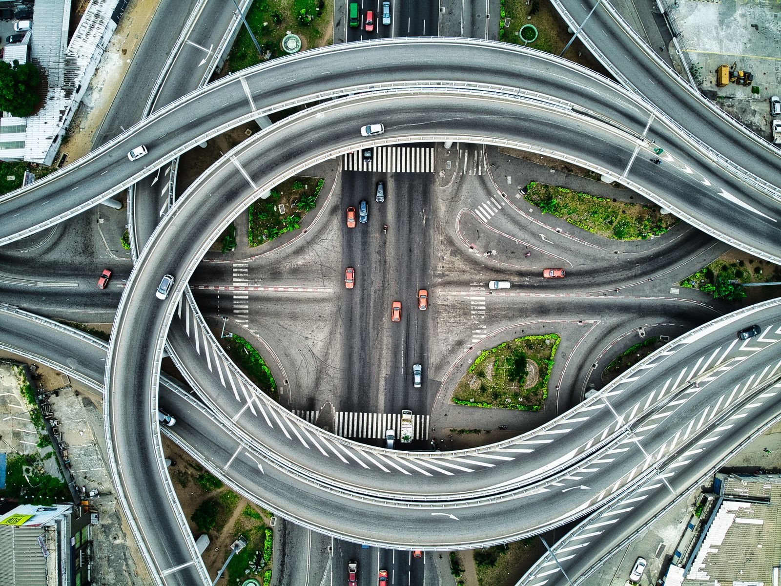 A multi-level highway interchange seen from above